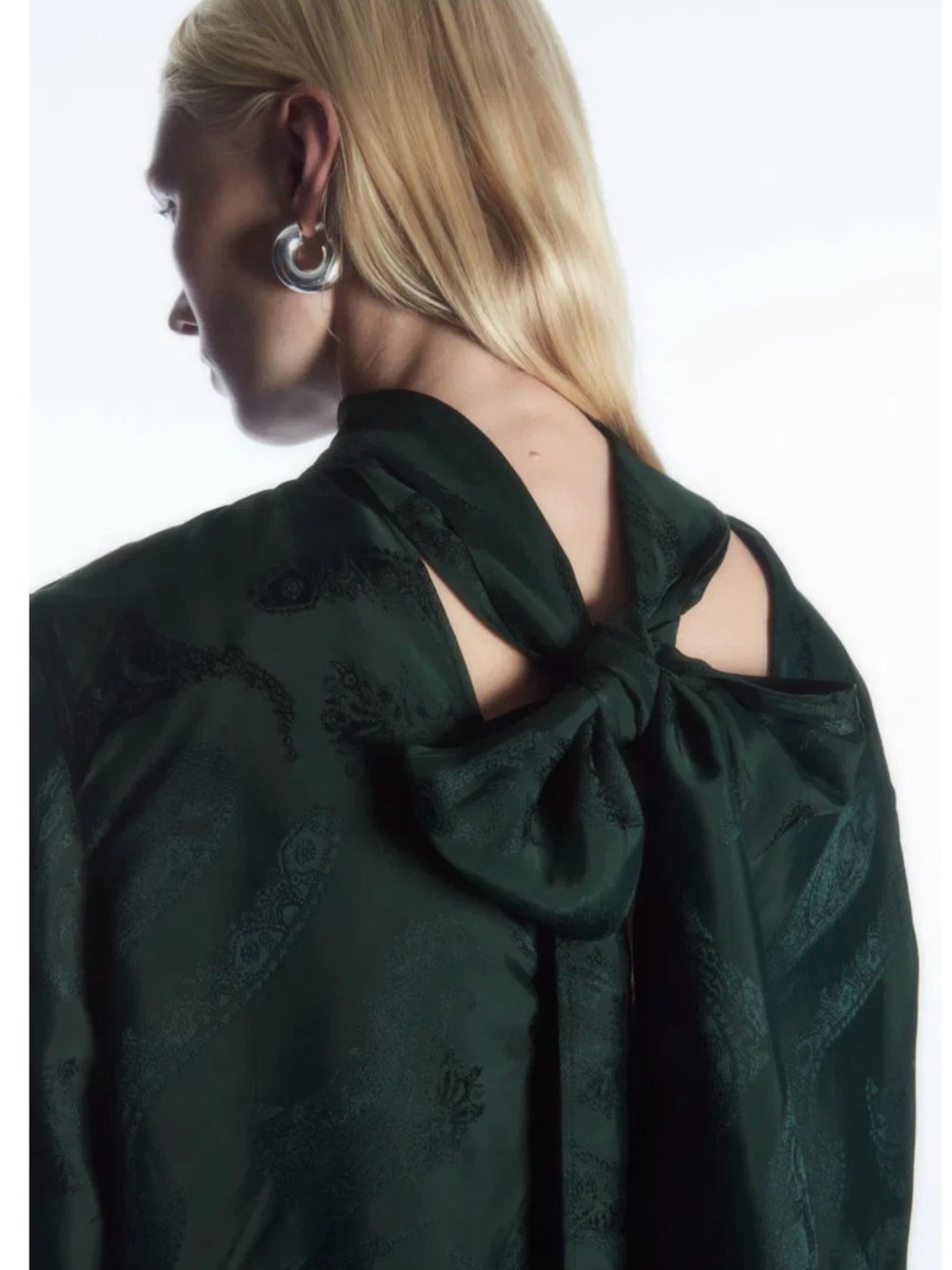 COS Dark Green Paisley Satin-Floral-Jacquard Bow Blouse - Picture 5 of 8